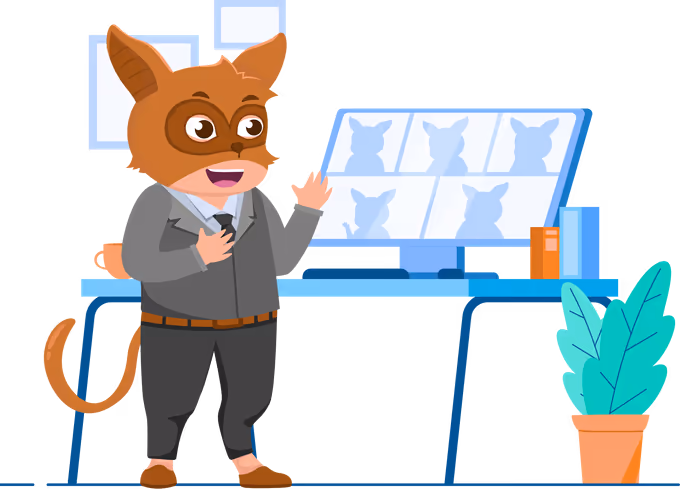 A Syselfie standing in front of its desk