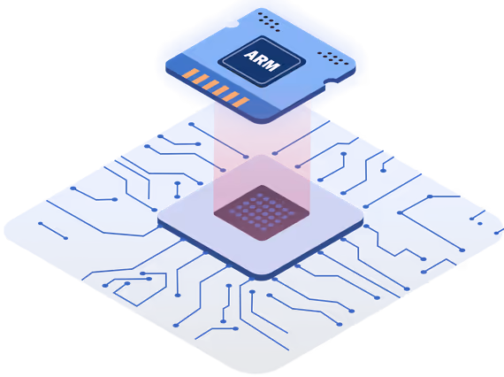 An ARM chip floating over its CPU socket