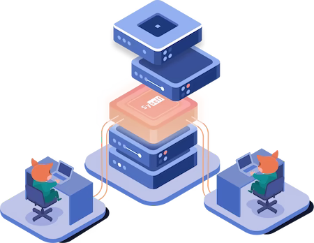 a stack of servers is connected by cables to two workstations. Each workstation is occupied by a syselfie