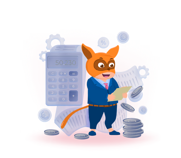 Syselfie wearing a suit and a tie, surrounded by a calculator, bills, coins and cogs