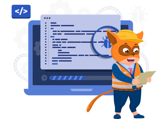 A standing Syselfie wearing a suit, with a construction hat on and a safety vest, with a laptop behind displaying a loading indicator and bugs floating around